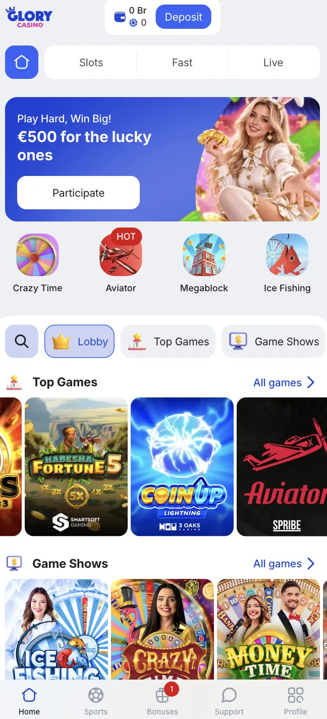 Glory Casino app lobby on an Android phone with slots and Aviator after installation