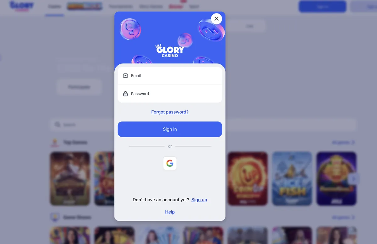 Glory Casino login form with phone number and password fields on a mobile browser