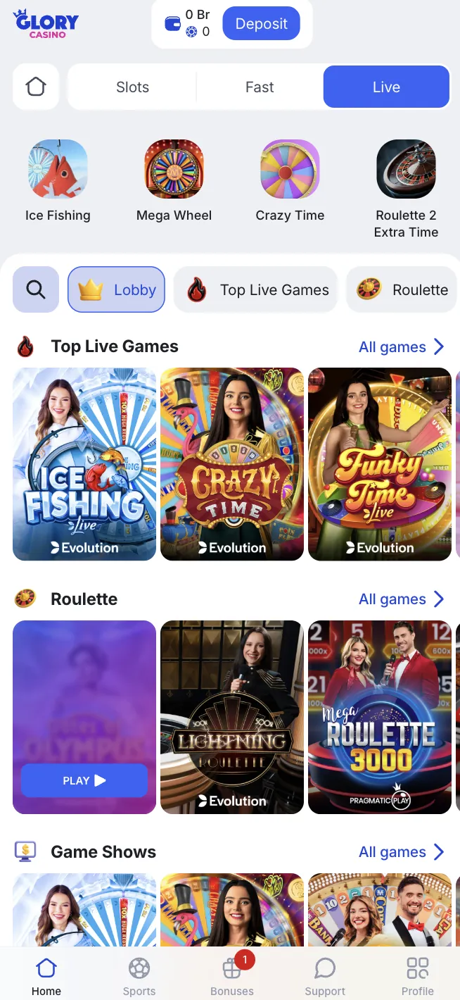 Live dealer tables inside the Glory Casino APK on a smartphone screen