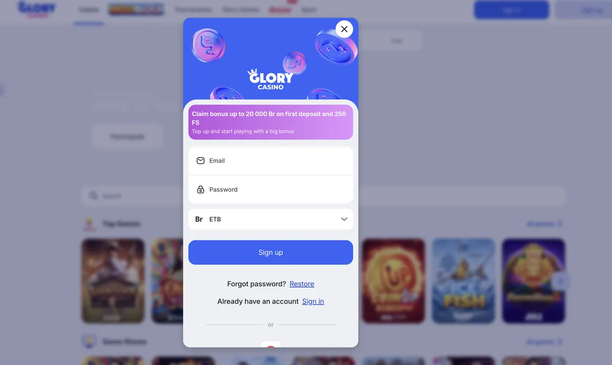 Glory Casino registration form with phone number, password, currency and promo code fields