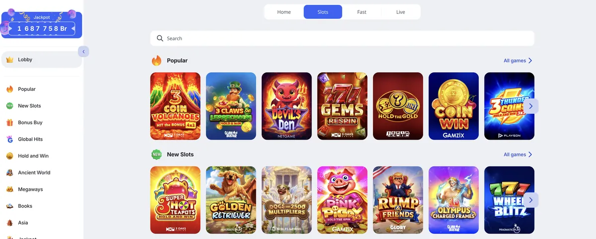 Slot categories and jackpot section in the Glory online casino lobby on a desktop screen
