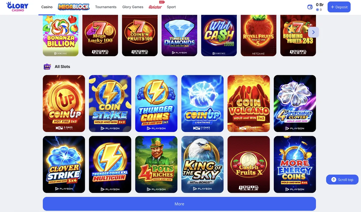 Slots lobby of the Glory Casino games catalogue with featured titles and category tabs