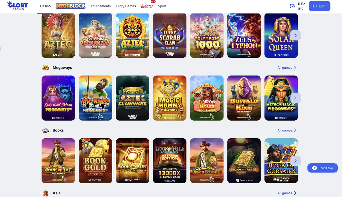 Megaways and book-themed slots available for Glory Casino real money play in taka